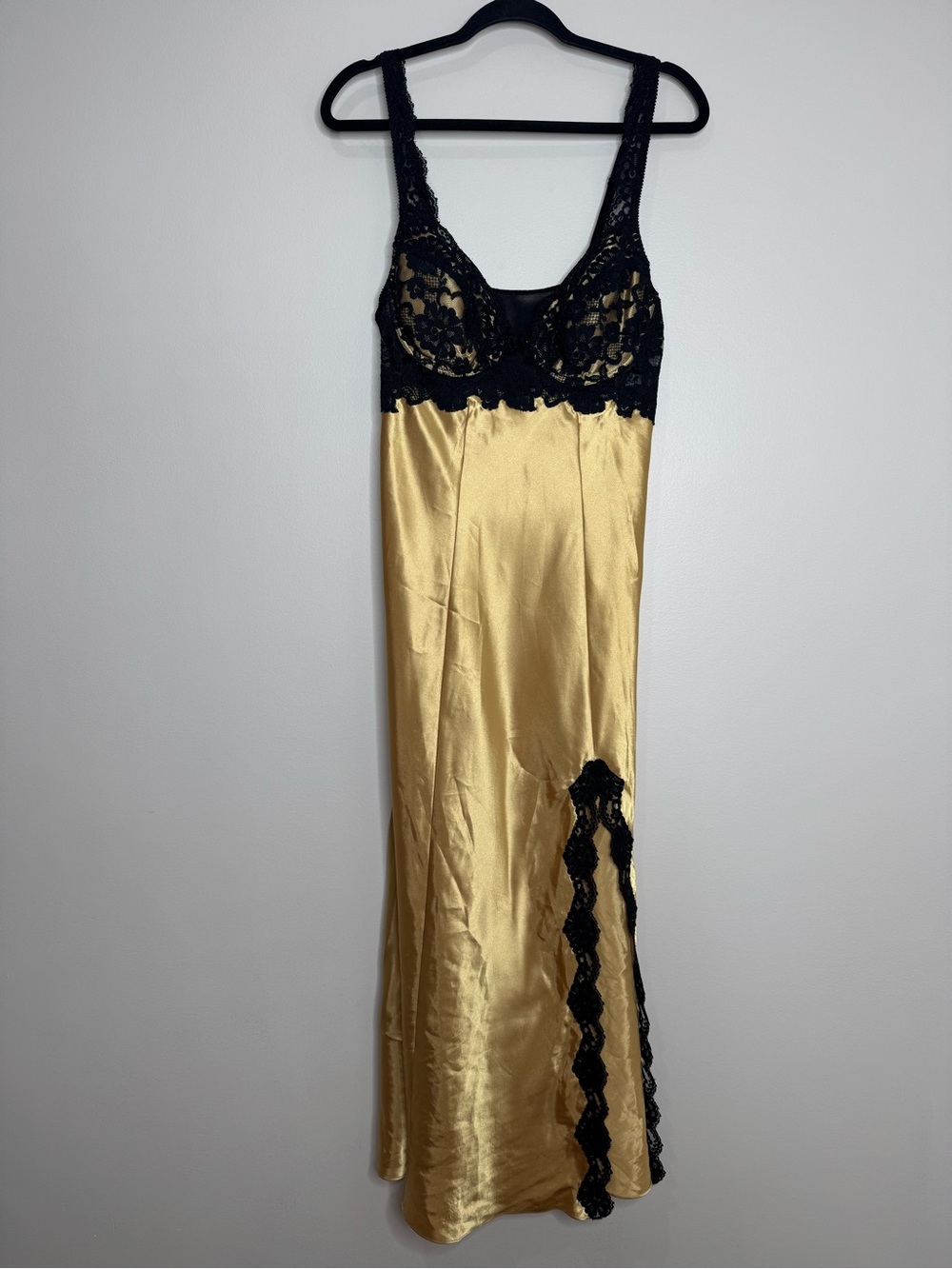 Y2K Victoria’s Secret Lace Satin Midi Lingerie Slip Dress Black Gold Large Fairy